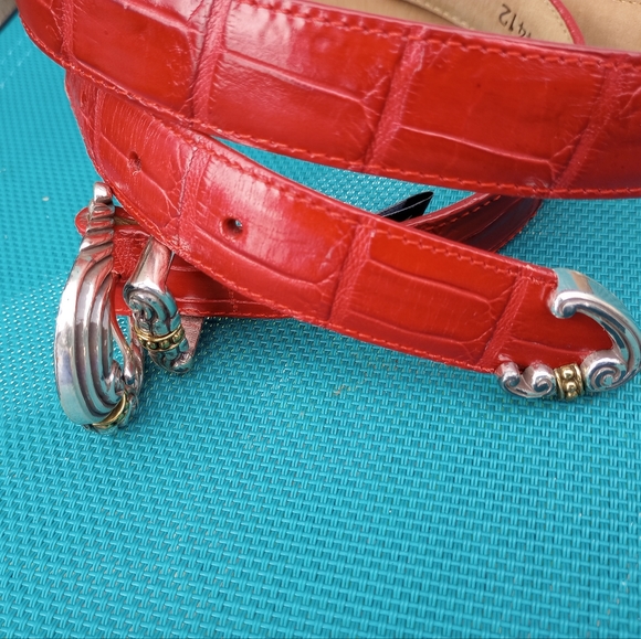 Brighton Belt ML 32" 44412 Red Croc Embossed Silver tone Buckle Belt - Picture 3 of 4